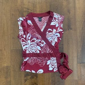 BCBG Max Azria burgundy satin wrap top size Small